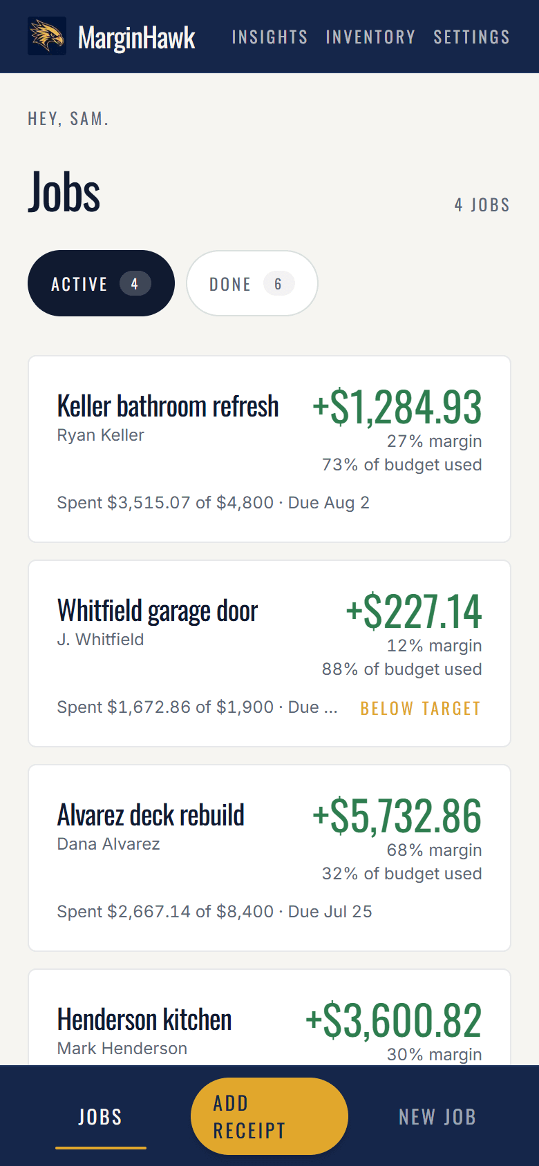MarginHawk jobs list showing live profit on four active jobs, with one flagged below its target margin